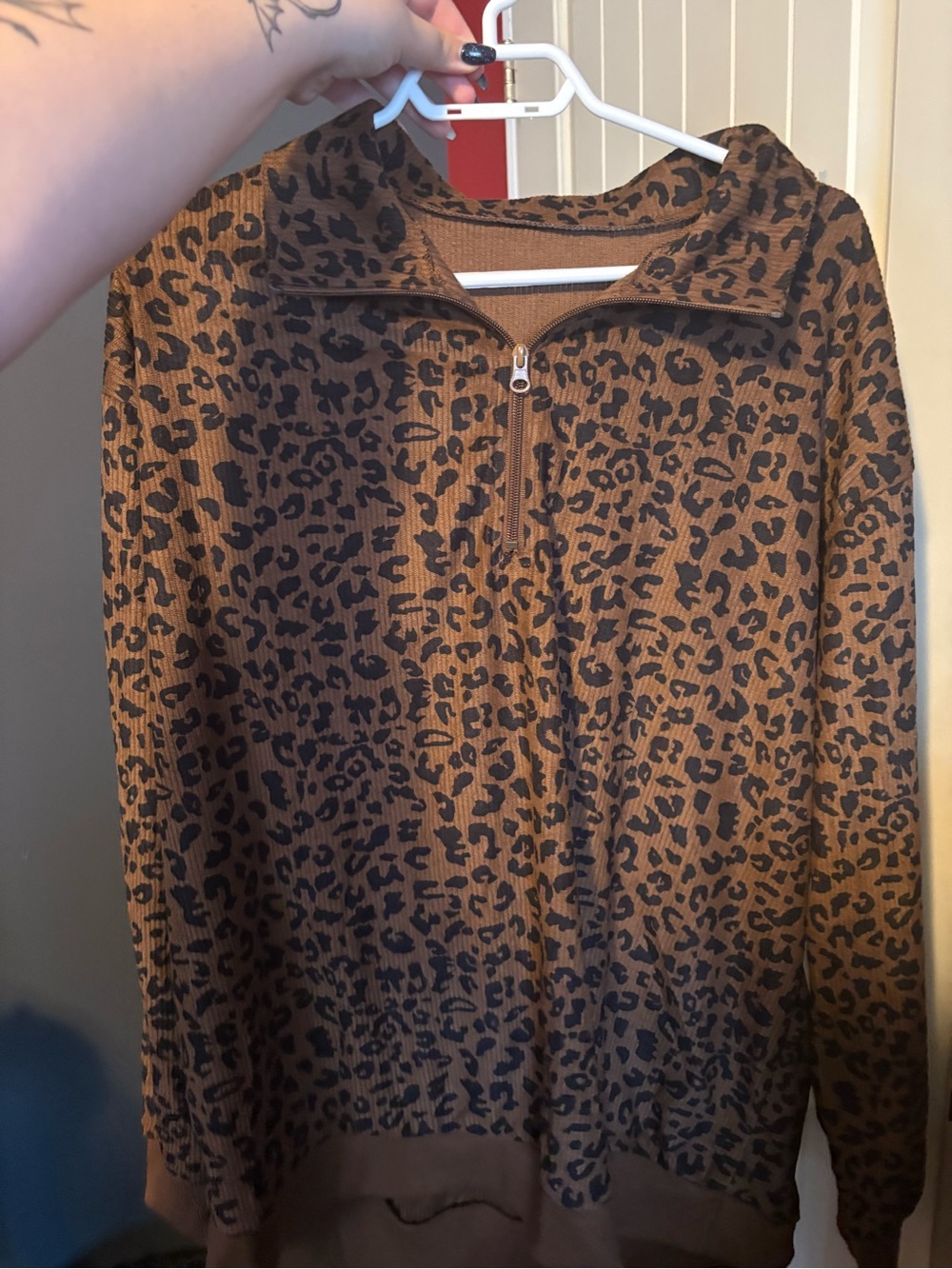 SHEIN Brown and Black Leopard Print Half-Zip Sweater